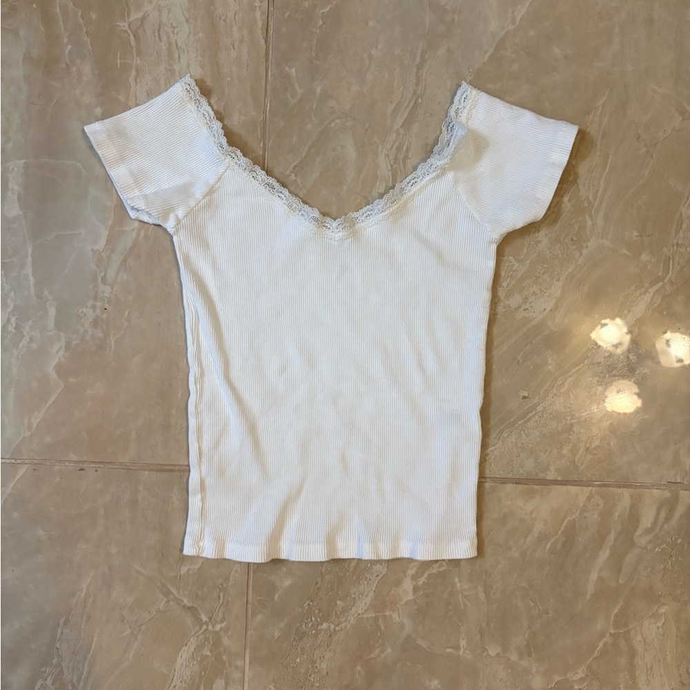 Women's White Lace-Trim Ribbed Short Sleeve Top